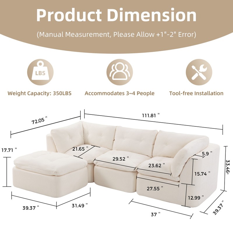 Modern Cloud L-Shaped Sectional Sofa with Ottoman, Chenille Fabric, Beige gallery