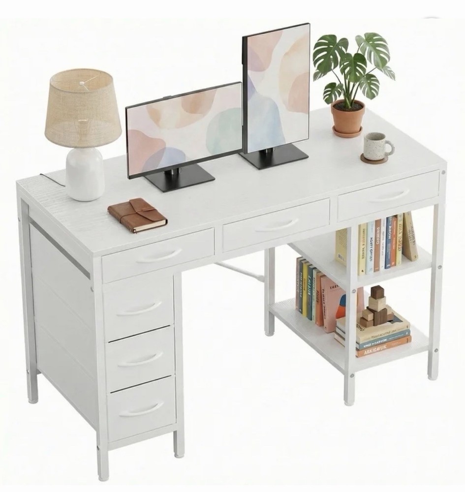 CONCETTA 55” Computer Desk w/ 6 Drawers & Shelves Modern Home Office White