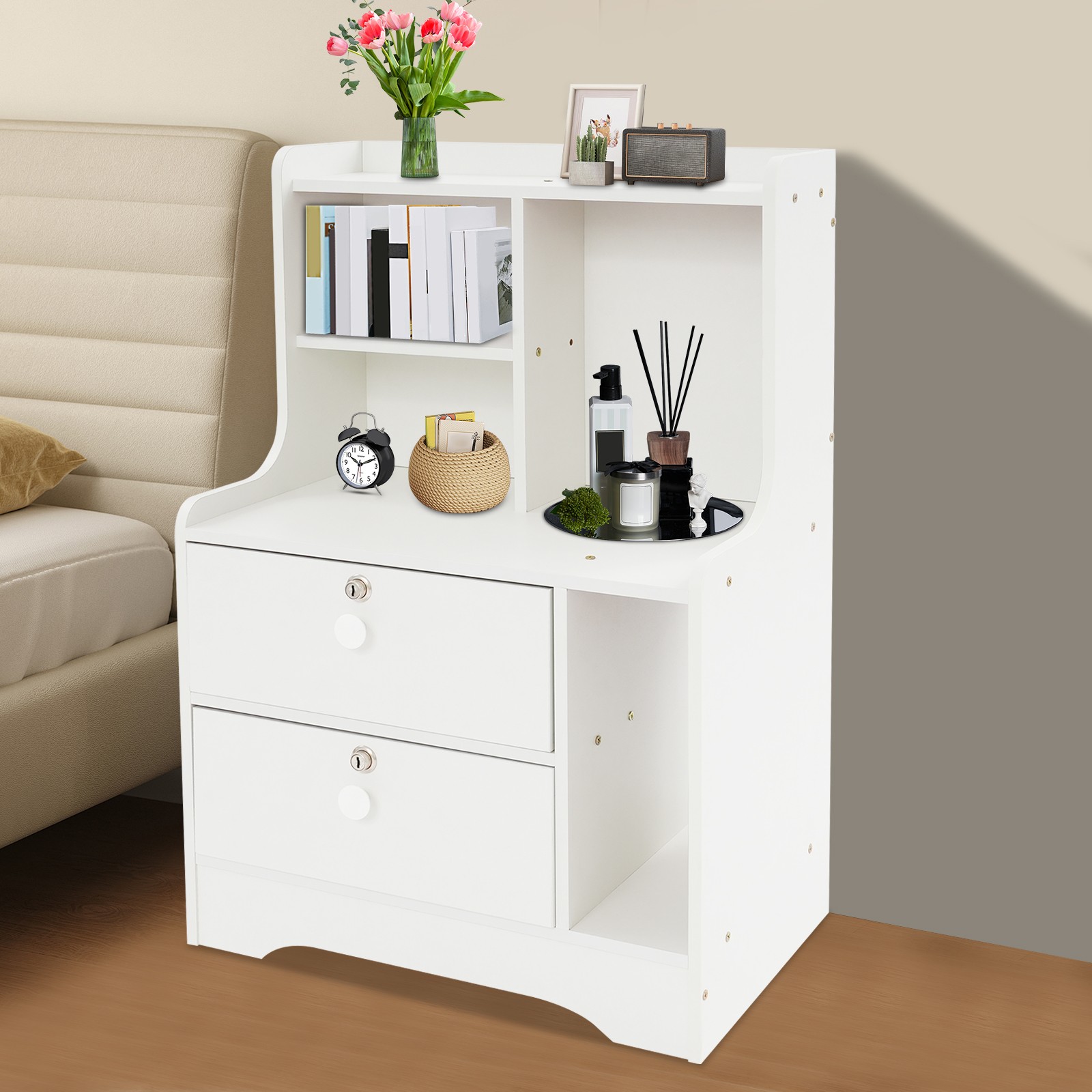 2 Drawers Side Table, White Storage Cabinet, Nightstand, Bedside Table W/ 4*Keys gallery