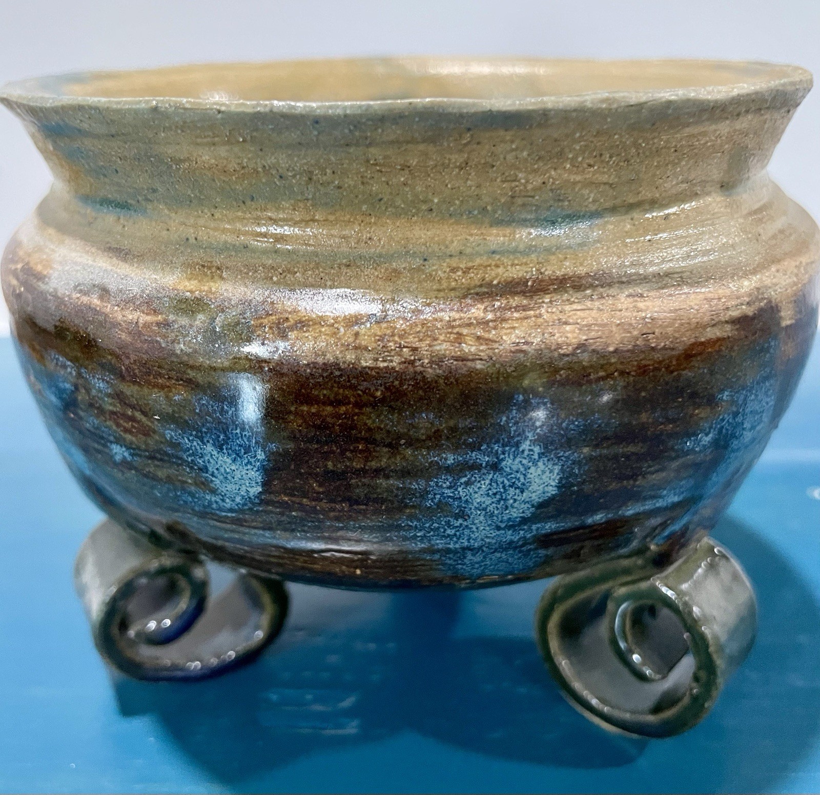 Footed Ceramic Bowl Brown And Blue Aprox 5” Diameter 4” High gallery