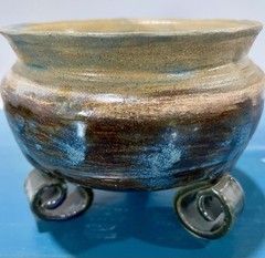 Footed Ceramic Bowl Brown And Blue Aprox 5” Diameter 4” High