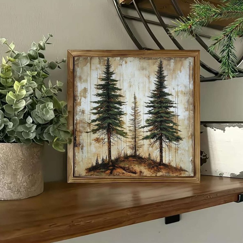Rustic Framed Pine Tree Art Vintage Forest Landscape Farmhouse Wooden Wall Decor gallery
