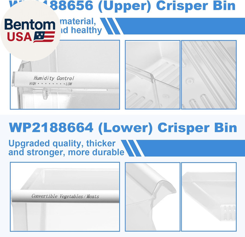 [2 PACK]UPGRADED 2188656 (Upper) Refrigerator Crisper Bin & 2188664 (Lower) Frid gallery
