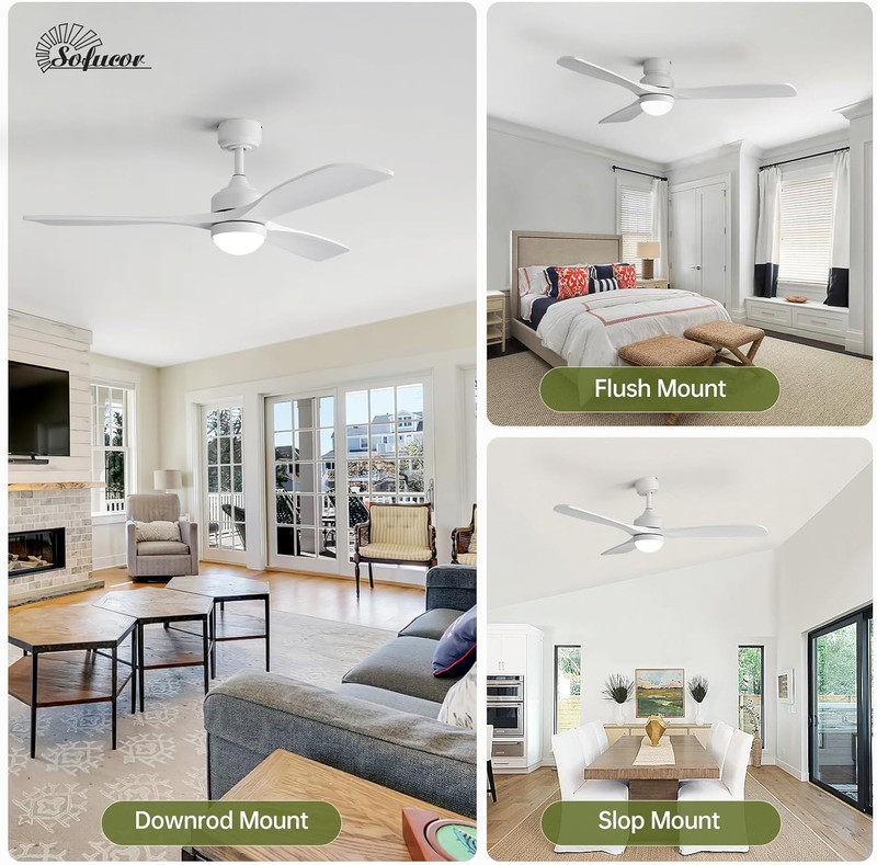 Sofucor 52" Solid Wood Ceiling Fan Lights, Flush Mount & Downrod Mount Ceiling F gallery