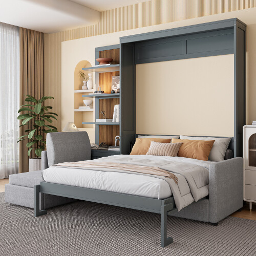 Full Queen Size Murphy Wall Bed with Sofa & Shelves Space Saving Wood Hidden Bed gallery
