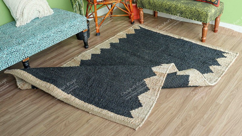 Indian Hemp Rectangle Jute Ru, Black With Beige Border Rug Vintage Rug Décor Rug gallery