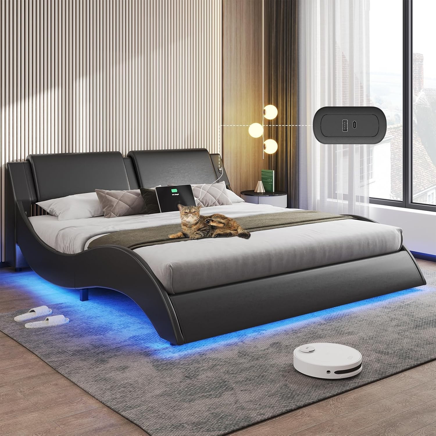 Queen Bed Frame with Led Lights,Charging Ports,Faux Leather Upholstered Beds gallery