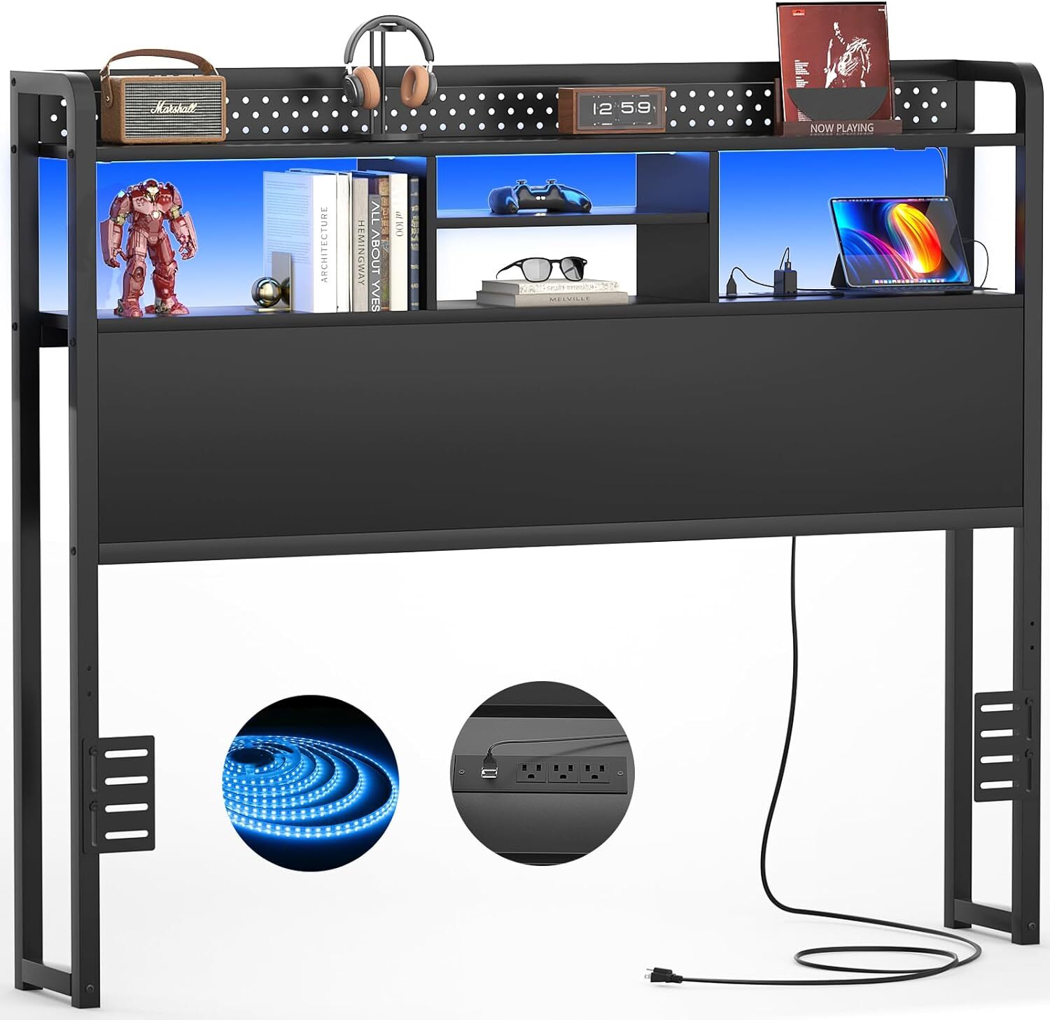 Homieasy Headboard with Power Outlets ＆ RGB LED Light ＆ Storage Shelf ＆ Pegboard gallery