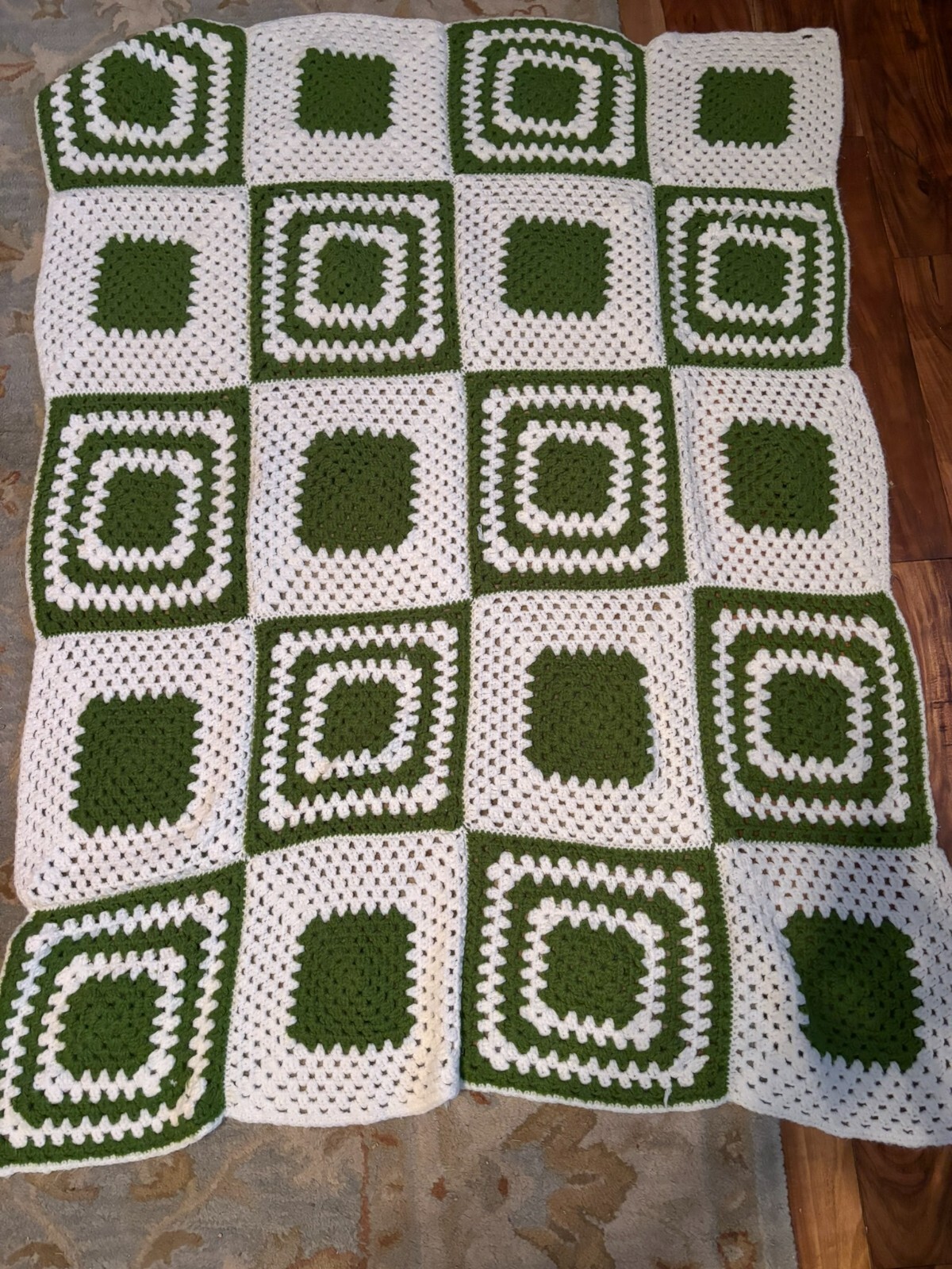 Hand Made Crocheted Throw Blanket Green and White Squares 39inches X 53inches gallery