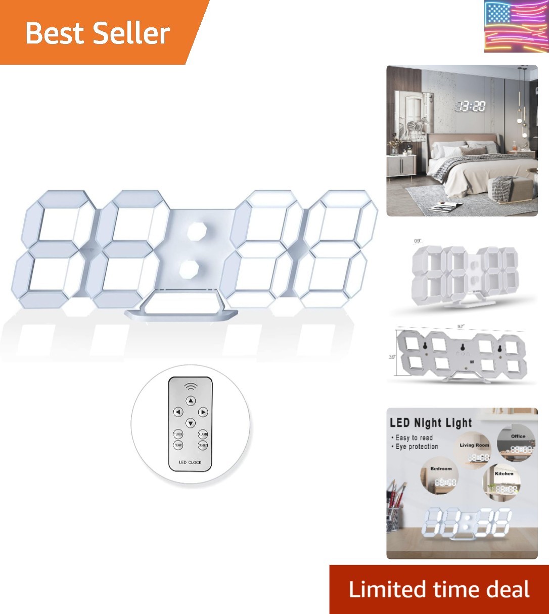 3D LED Digital Wall Clock/Desk Alarm Clock with Remote Control for Kitchen Be... gallery