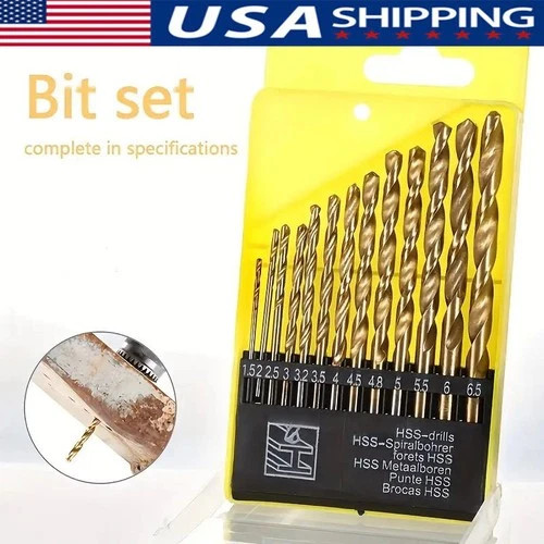 13Pcs HSS Titanium Coated Twist Drill Bit Set 1.5-6.5mm Hex Shank For wood Metal gallery