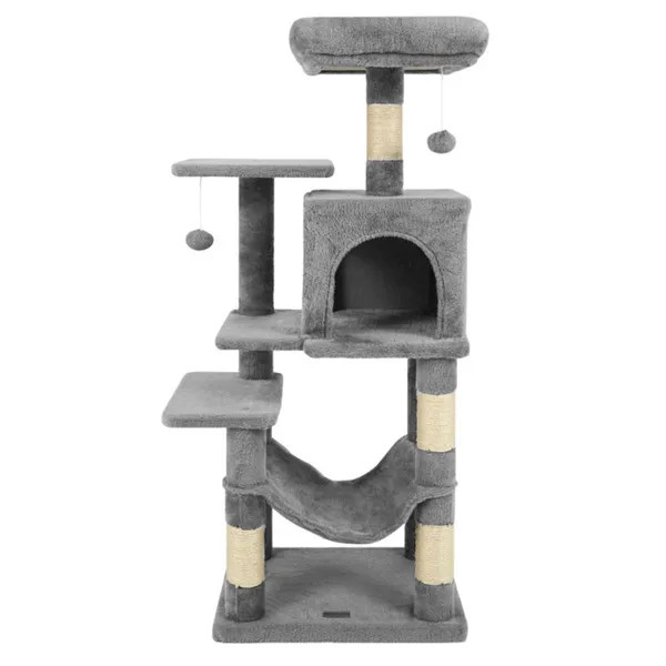 44in Cat Tree Tower Light Gray Multi Level w/ Top Perch 2 Door Condo Hammock for gallery