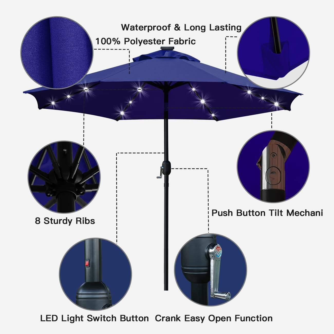 9' Solar LED Lighted Patio Umbrella with 8 Ribs/Tilt Adjustment and Crank Lift S gallery