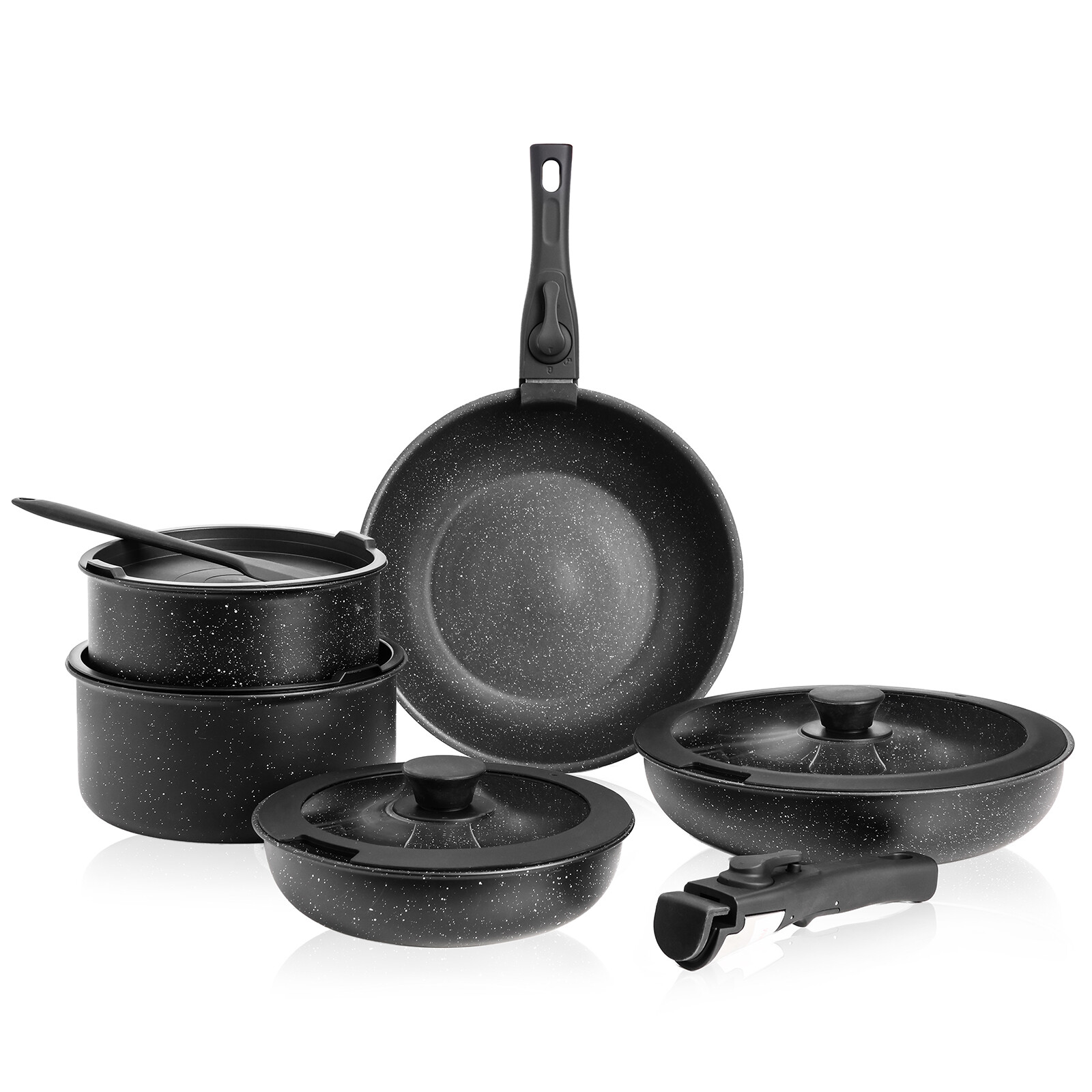 OLIXIS 12pcs Non-Stick Pots Cookware Set w/ Detachable Handle for Kitchen,Black gallery