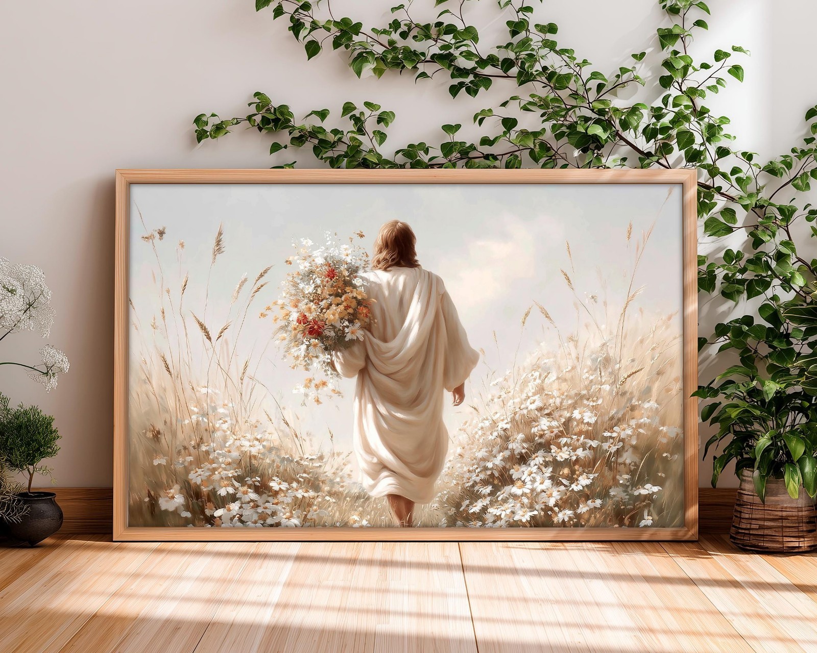Jesus Walking in Wildflower Field Canvas - Christian Wall Art - Faith Gift gallery