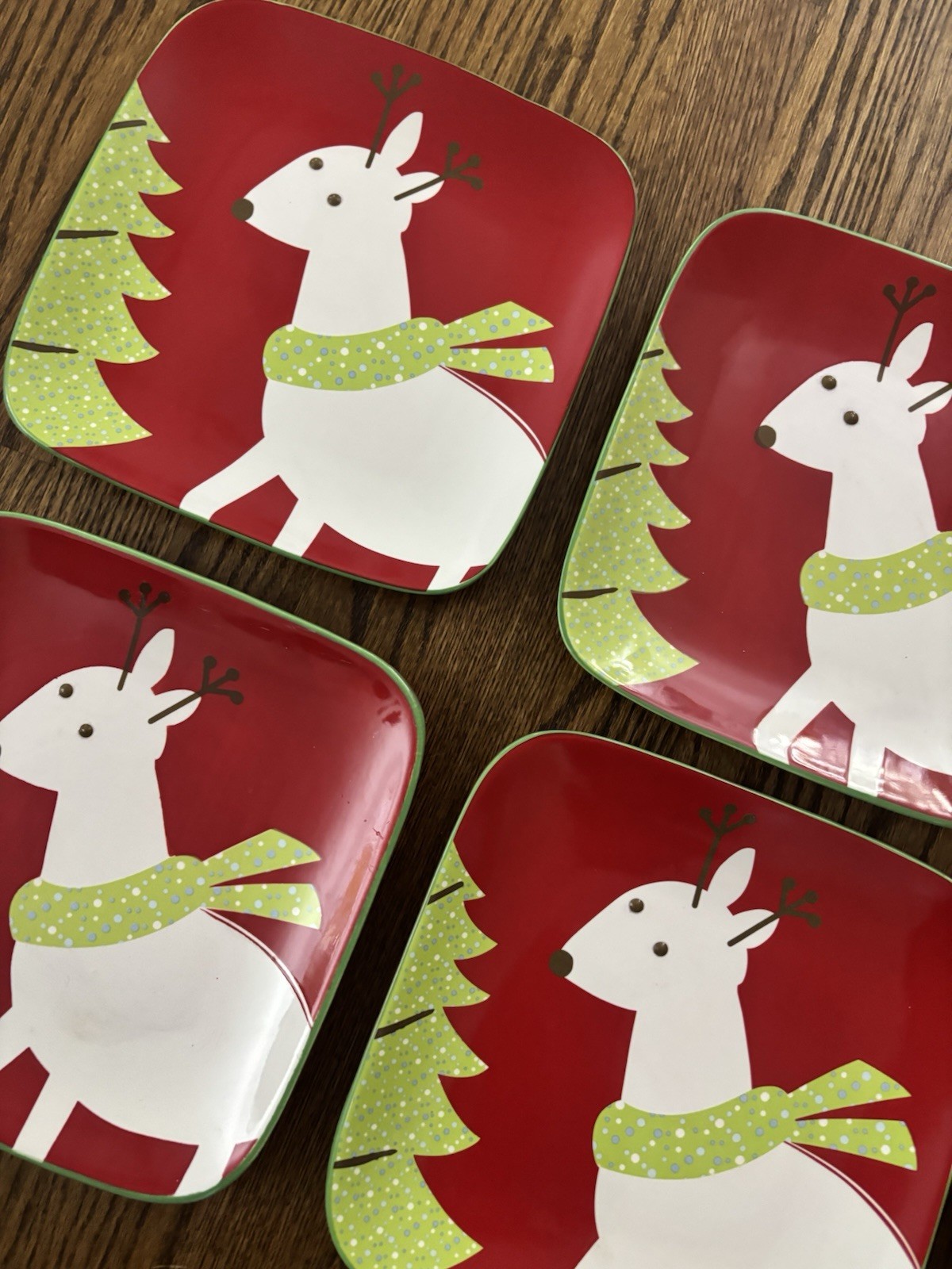 6 Target BE MERRY 08 Square Reindeer Plates 9” Red Holiday 2008 Christmas gallery