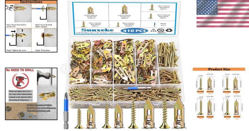 410 PCS Self Drilling Drywall Anchors Kit - Holds Up to 66 LB, No Drill Needed gallery