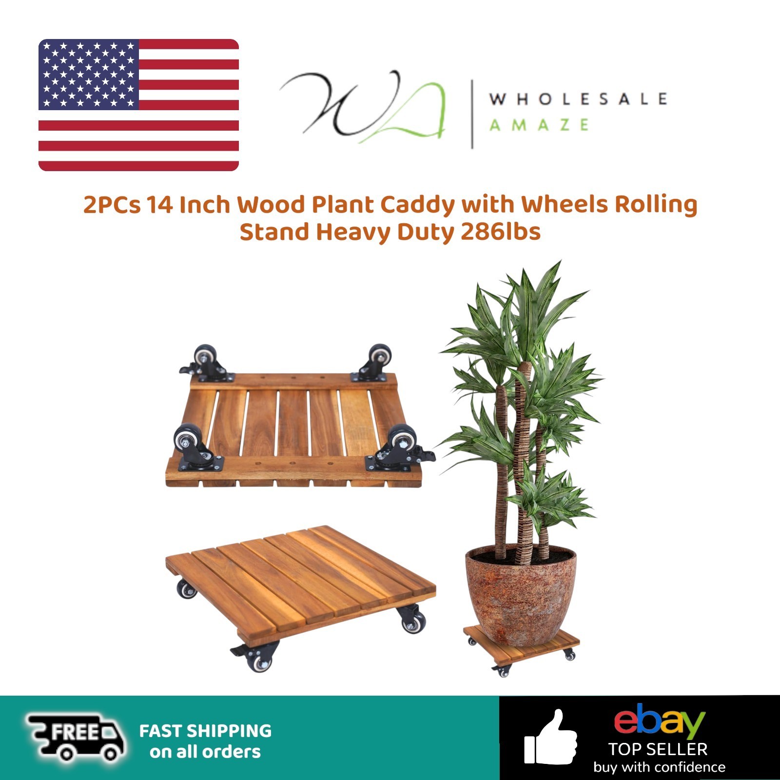 2PCs 14 Inch Wood Plant Caddy with Wheels Rolling Stand Heavy Duty 286lbs gallery