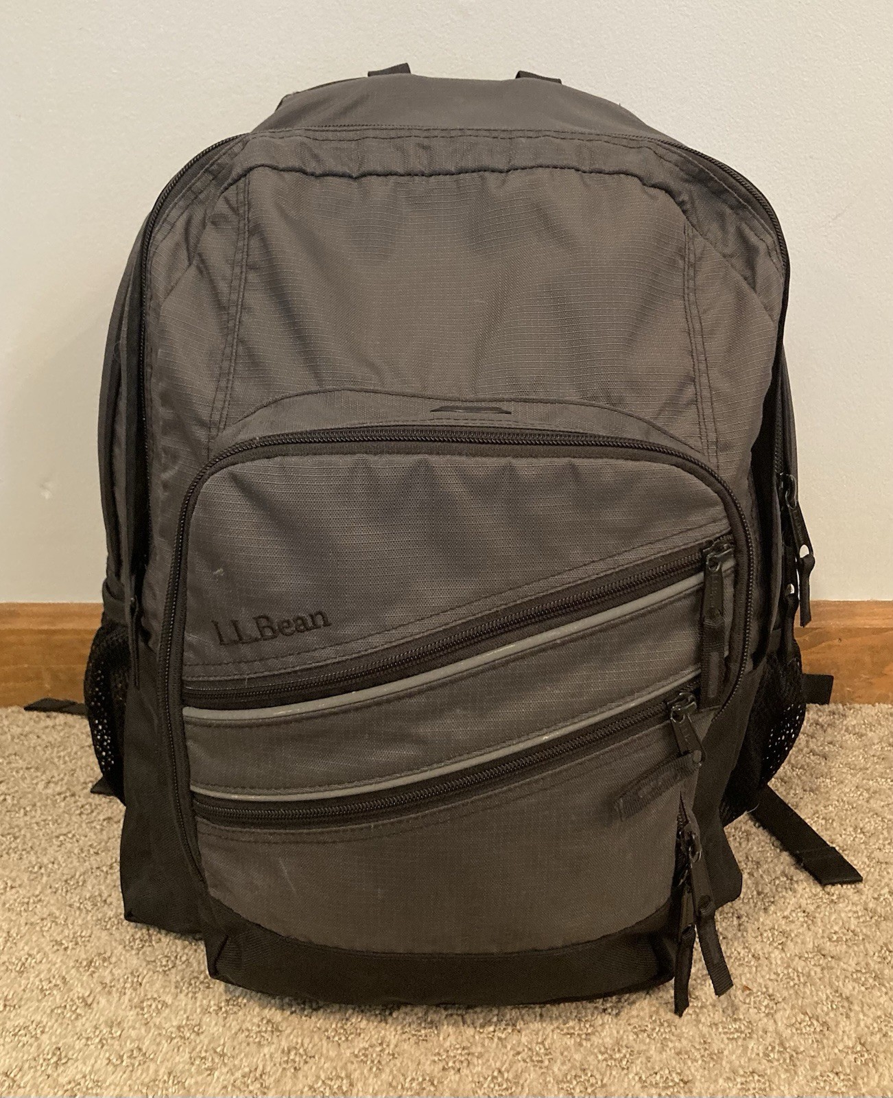 L.L. Bean Super Deluxe Book Pack Grey Back Pack Zip Pockets