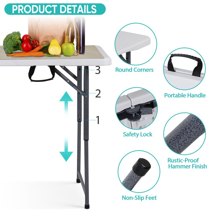 Folding Table Adjustable 4FT Plastic Table Picnic Camping w/Carry Handle White gallery