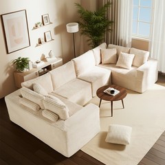 135″ Beige Corduroy U-Shaped Modular Sofa 6-Seat Reversible Chaise Easy Assembly