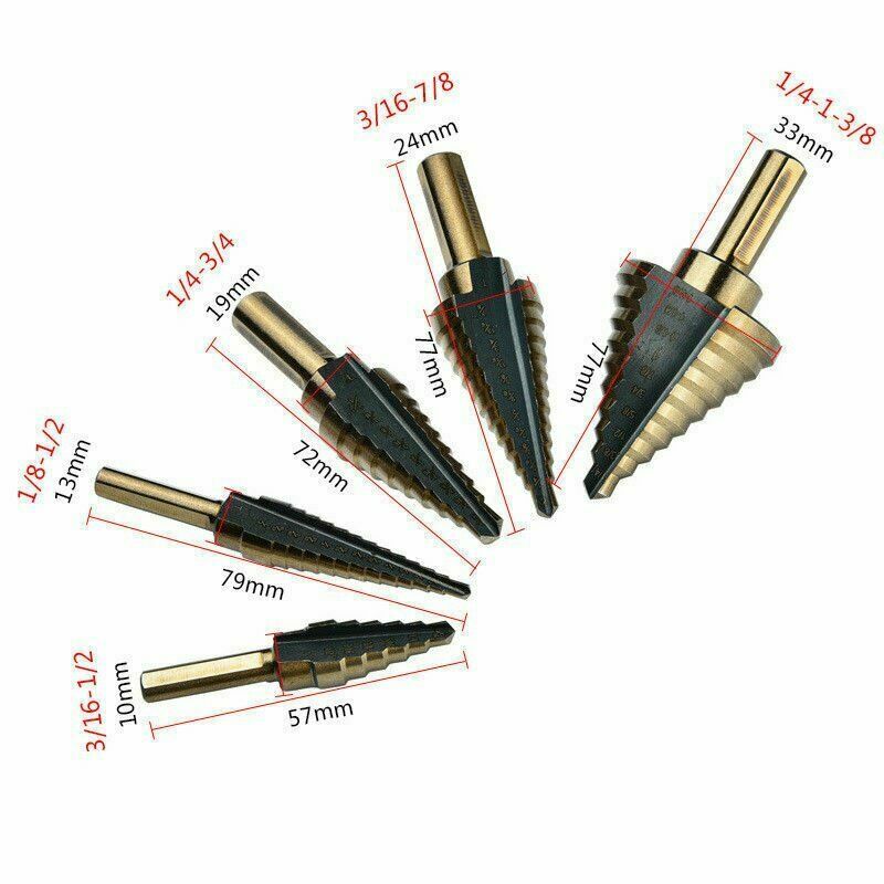 5pcs SAE Step Drill Bit Set HSS Cobalt Multiple Hole 50 Size TRI-FLAT Shank gallery