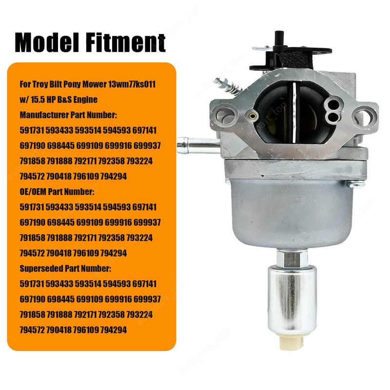 NEW Replacement Carburetor With Kit For Troy Bilt Pony w/ 15.5 HP B&S Engine gallery