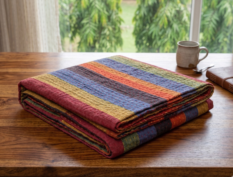 Multi-Color Striped Patchwork Cotton Blanket, Bedspread Hippie Vintage Blanket gallery