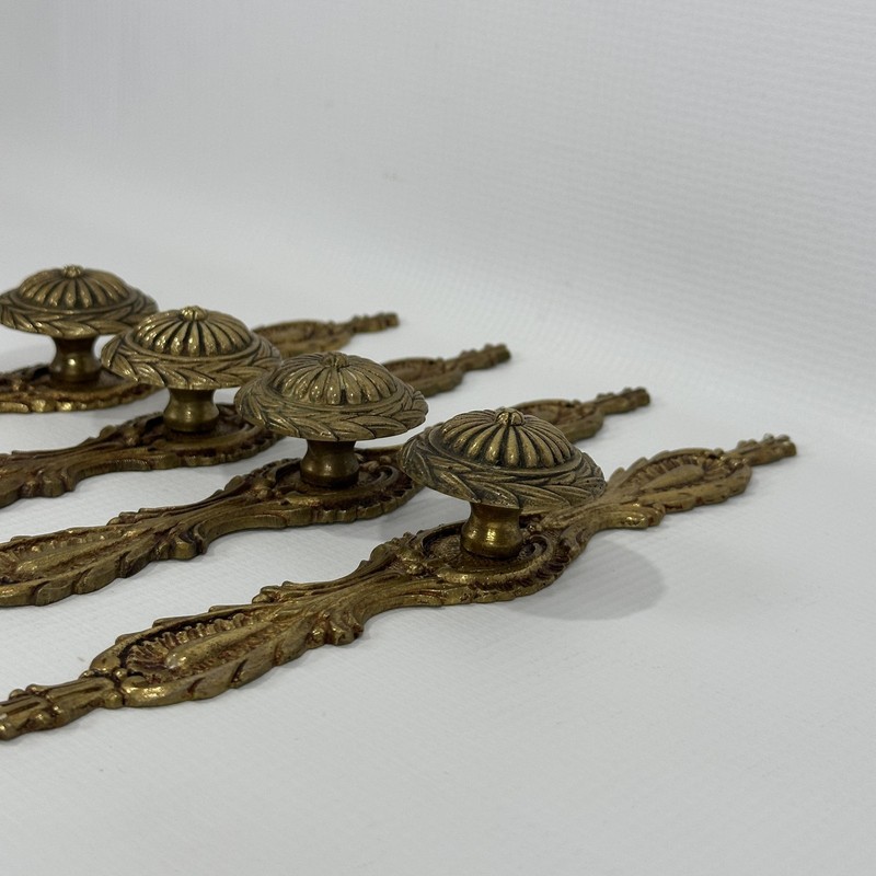 Vintage Solid Brass Cabinet Knobs w Backplate Set 4 Spain Baroque Rococo gallery