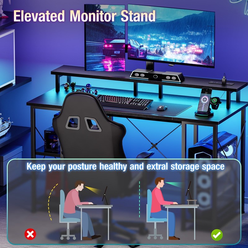 48" Computer Gaming Desk w/ LED Light Power Outlet Monitor Stand Headphone Hook gallery