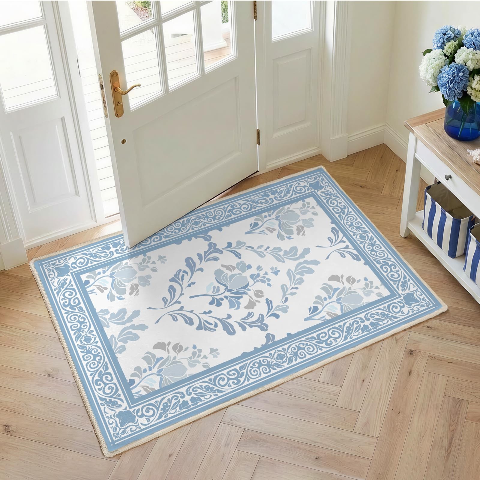 Medium Pile 2x3 Entryway Rug - Soft Underfoot Small Area Rug - Mist Blue Boho... gallery