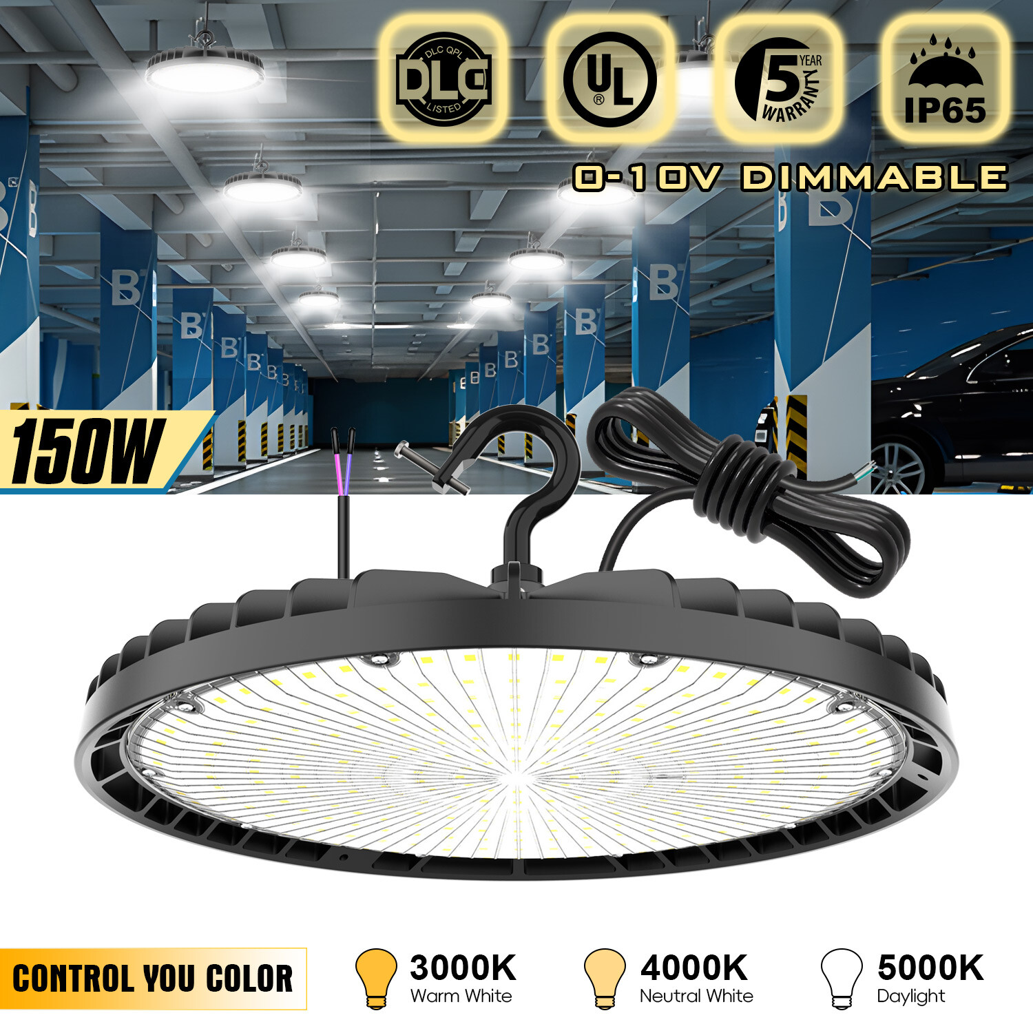 150W UFO Led High Bay Light Commercial Warehouse Garage Light CCT TUNABLE 3/4/5K gallery