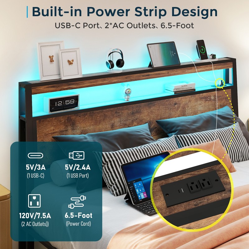 Full Queen Size Metal Platform Bed Frame with 2 Storage Drawers ＆Charging,LED,LP gallery
