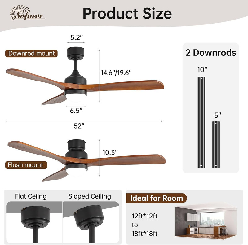 Sofucor 52" Solid Wood Ceiling Fan Lights, Flush Mount & Downrod Mount Ceiling F gallery