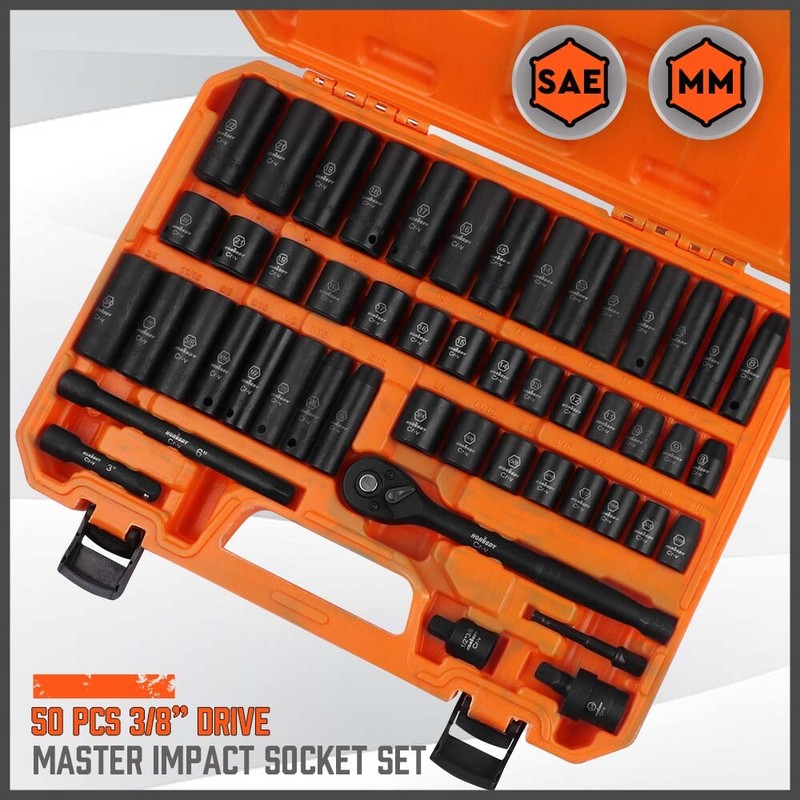 50PCS Impact Socket 3/8" DR Shallow & Deep SAE & Metric w/ Carry Case gallery