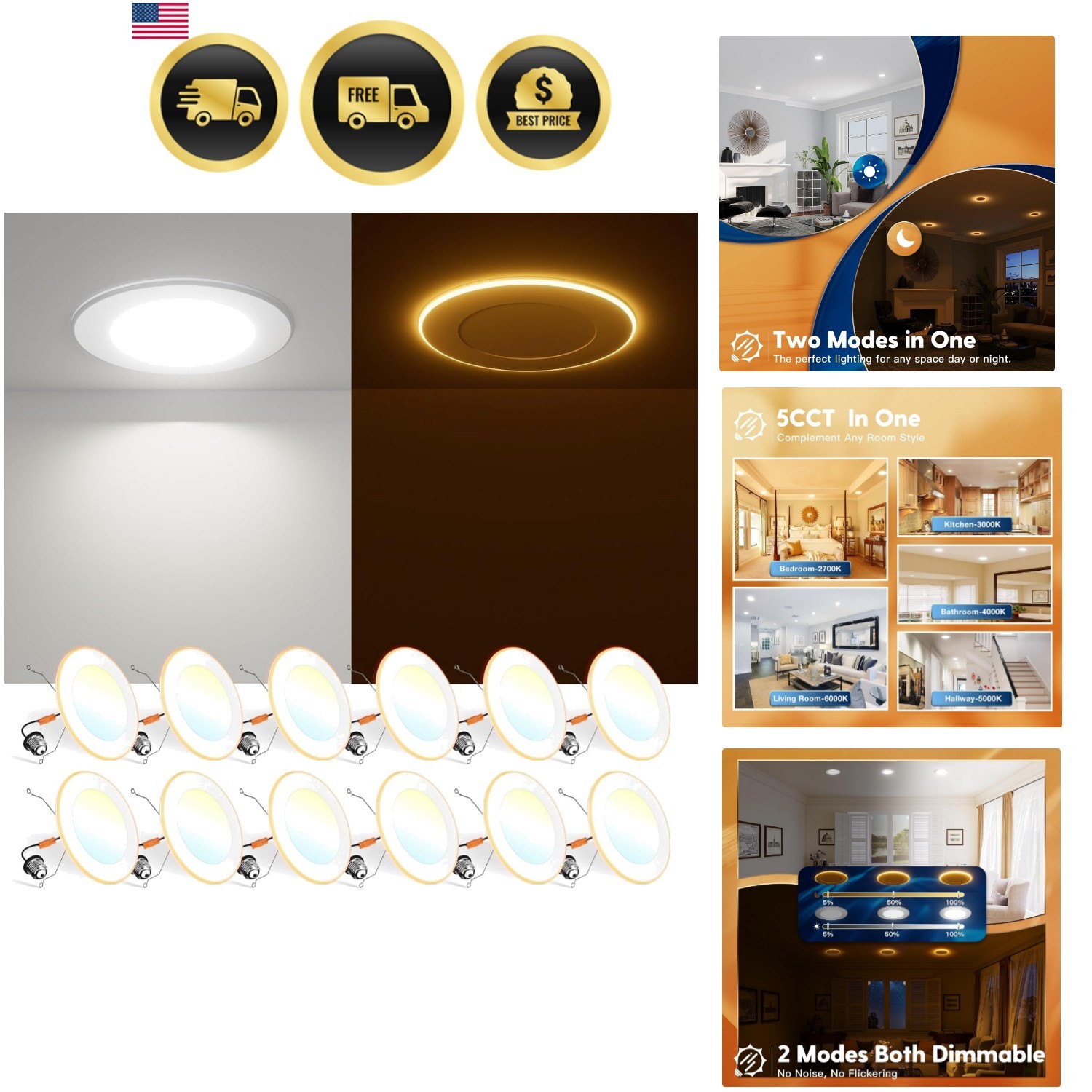 12 Pack 5/6 Inch 5CCT LED Recessed Can Light with Night Light, 2700K/3000K/40... gallery