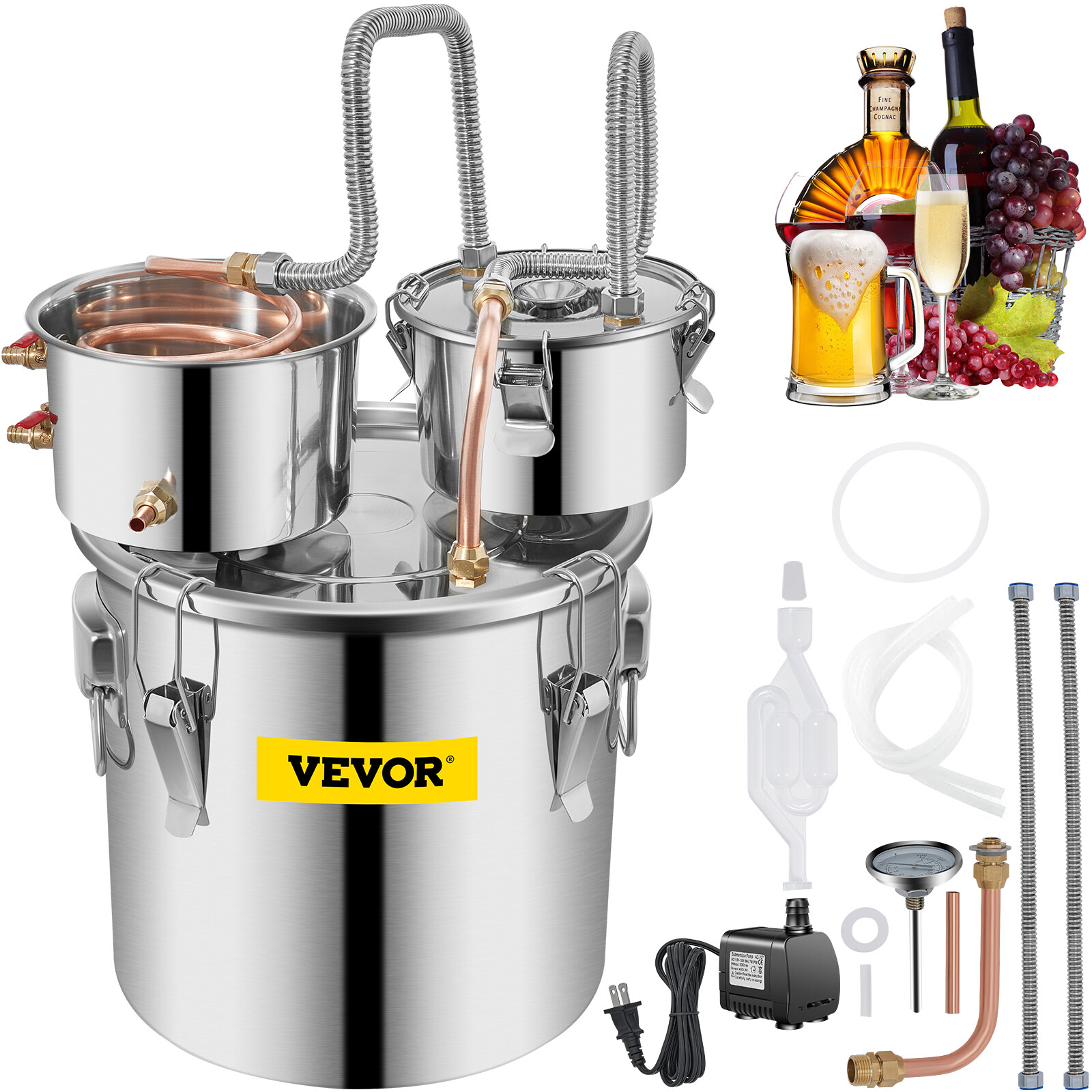 VEVOR 8Gal Alcohol Water Distiller Moonshine Still Home Wine Boiler Kit 3 Pots gallery