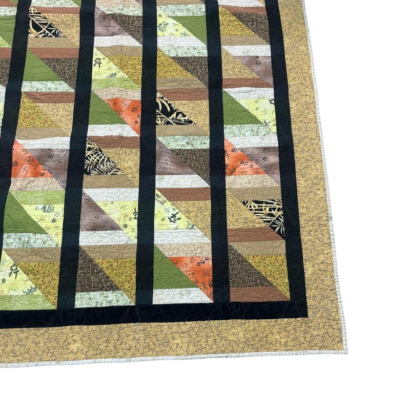 Handmade Patchwork Quilt Throw Asian Geometric Triangles Sashing Signed 2012 gallery