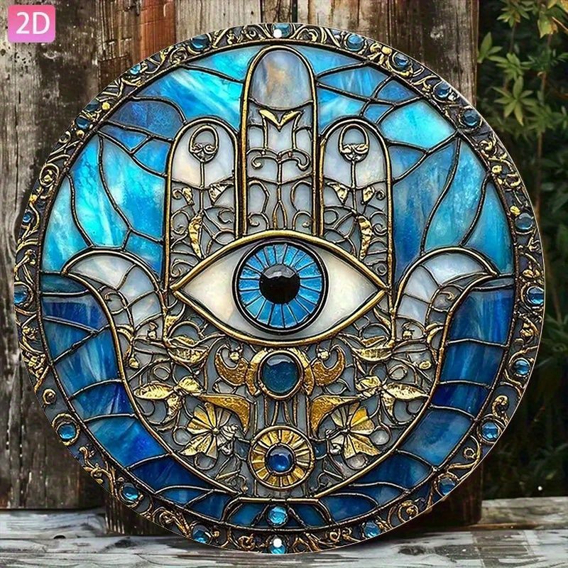 Hamsa Hand Evil Eye Metal Sign Round Stained Glass Style Spiritual Wall Decor gallery