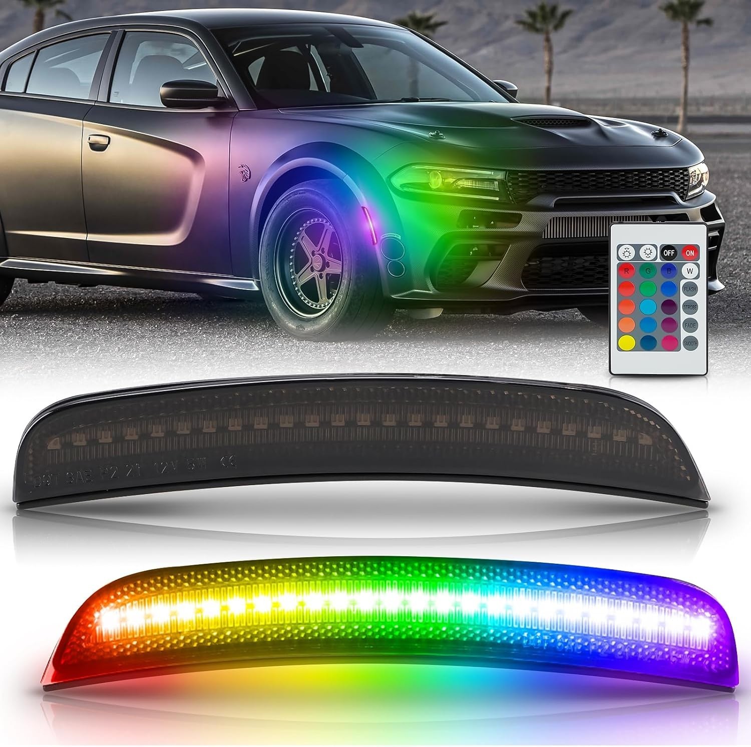 RGB LED Side Marker Lights for Dodge Charger 2015-2023, Front Fender Bumper side gallery