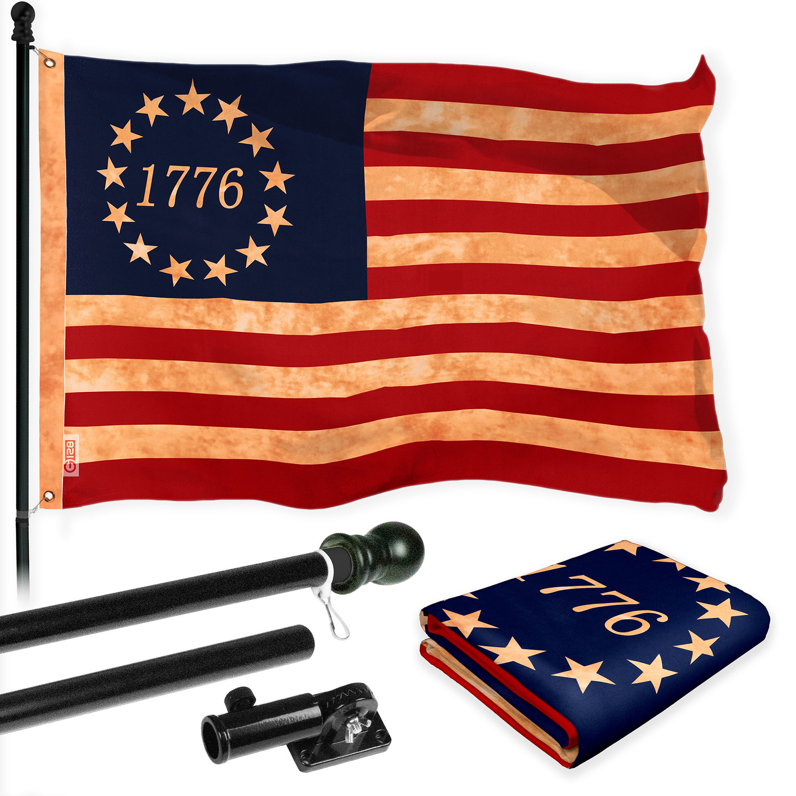 Combo: 6 Ft Flagpole Black & Betsy Ross 1776 Tea-Stained Flag 3x5Ft Printed Poly gallery