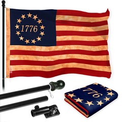 Combo: 6 Ft Flagpole Black & Betsy Ross 1776 Tea-Stained Flag 3x5Ft Printed Poly