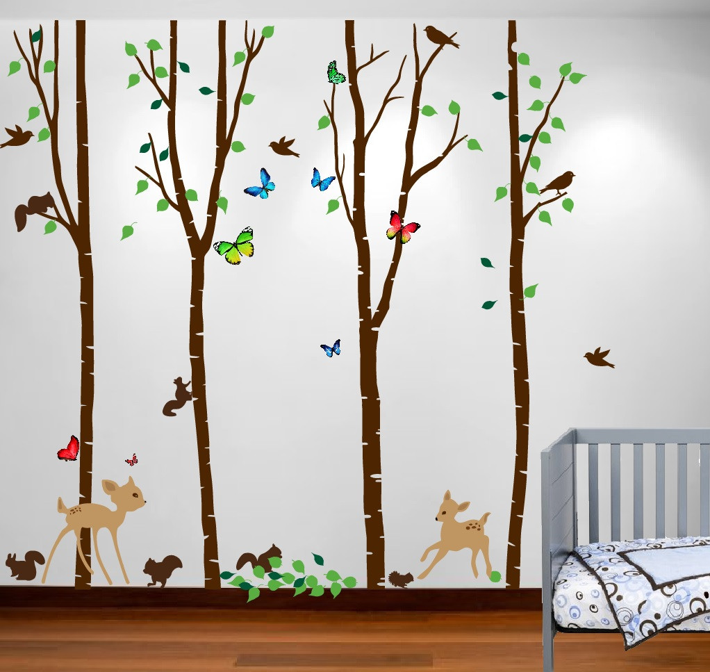 Birch Tree Forest Set Large Wall Decal Deer Birds Bambi Squirrels Butterflies gallery
