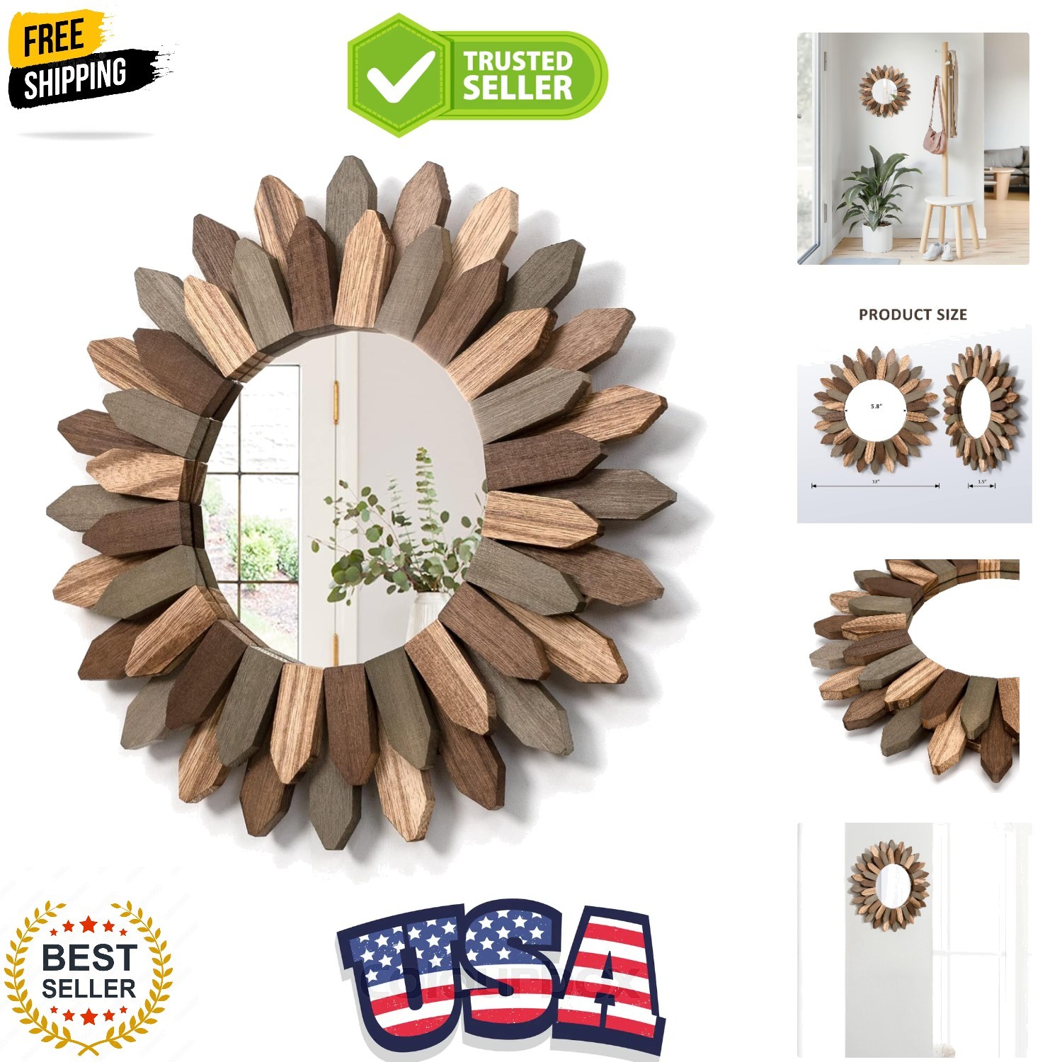 12-Inch Decorative Sunburst Wall Mirror with Vintage Wood Frame – Easy to Hang gallery