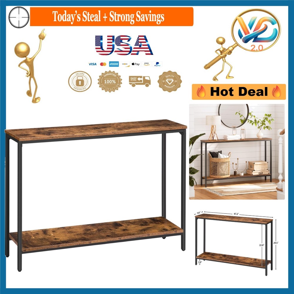 Narrow Console Table 47.2" Rustic Brown Black Metal Frame Entryway Sofa