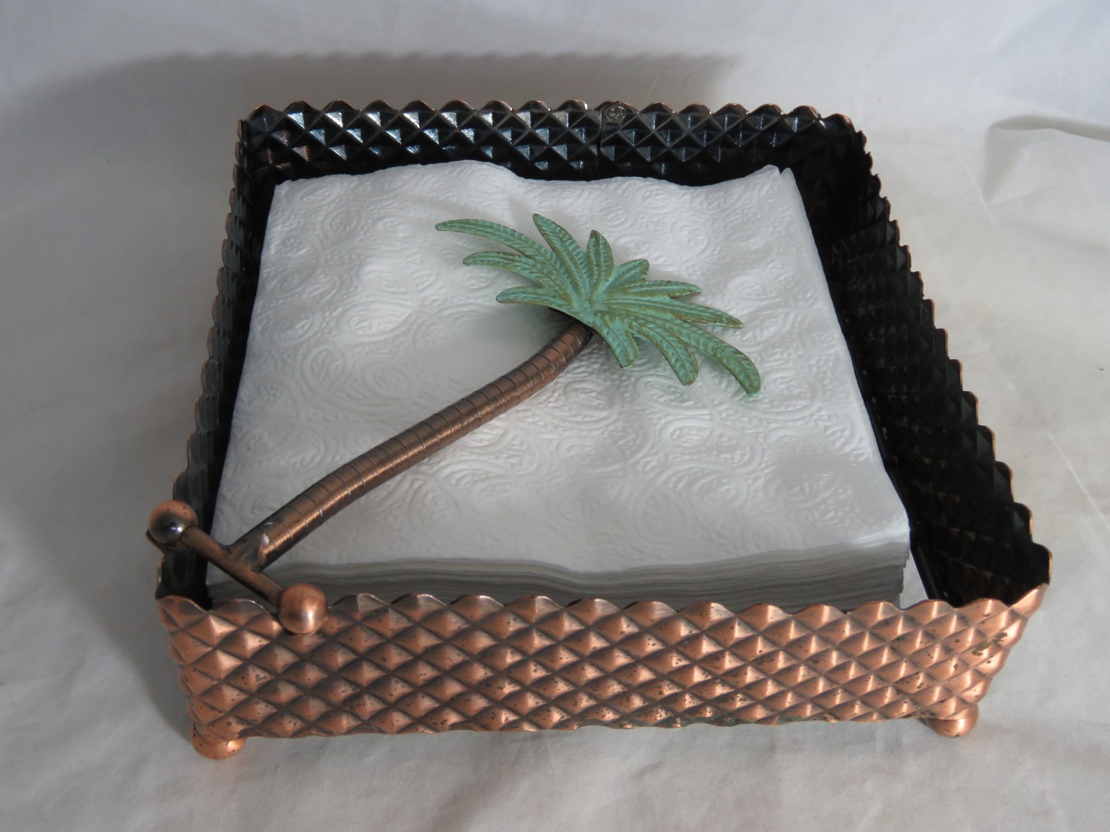Square Metal Copper Toned Paper Napkin Holder with Hinged Palm Tree Holder gallery
