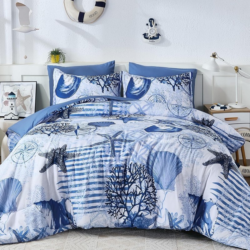 Coastal Comforter Set Queen Size, Beach Coral Themed Bed in a Bag, 7 Pieces O... gallery