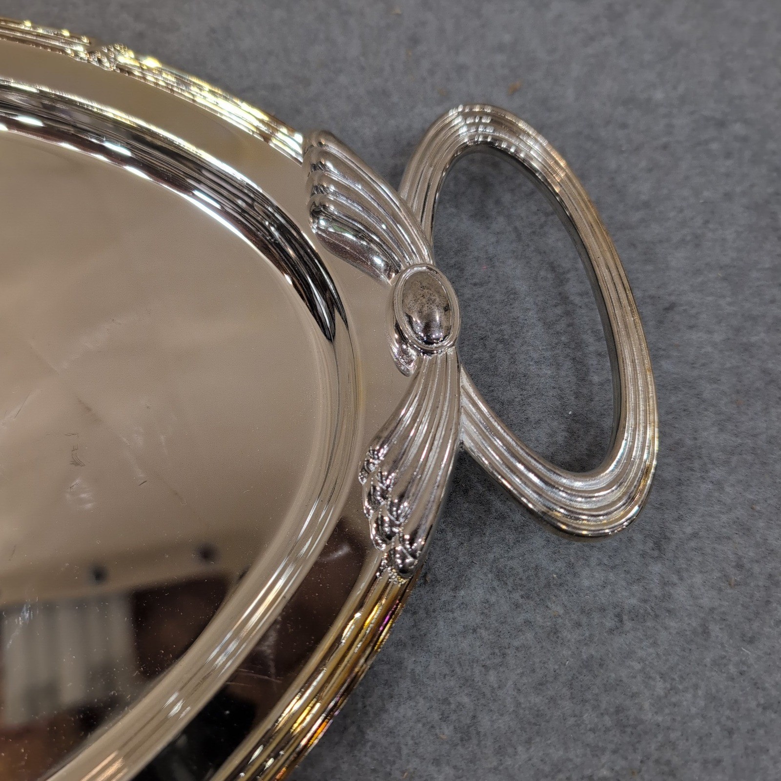 Silver Tone Oval Serving Tray with Decorative Handles Polished Mirror Finish gallery