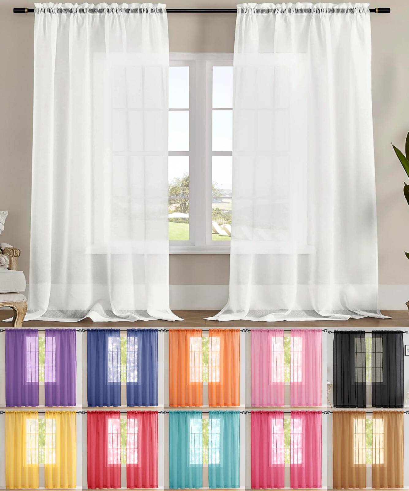 2 Panels - Sheer Window Rod Pocket Curtain Set 84" Inches Long gallery