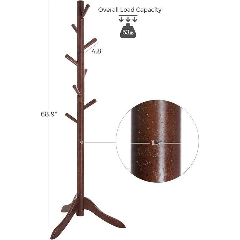 Durable Solid Wood Coat Rack Adjustable Height 3 Sections 8 Hooks Stable Base US gallery